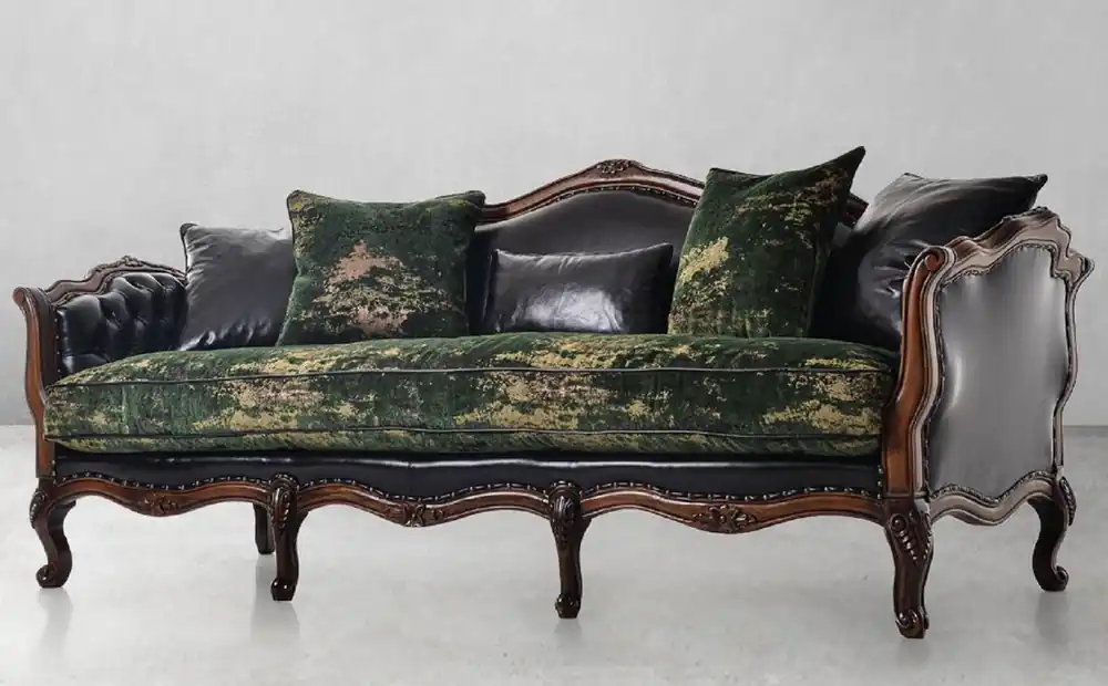 Casa Padrino Luxus Barock Leder Sofa Schwarz / Grün / Braun - Prunkvolles Wohnzimmer Sofa mit hochwertigem Echtleder - Luxus Wohnzimmer Möbel im Barockstil - Barock Möbel - Edel & Prunkvoll Top-Angebot