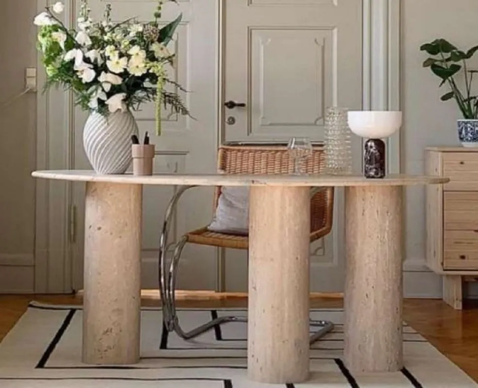 Casa Padrino Luxus Travertin Schreibtisch Beige 200 x 80 x H. 72 cm - Gebogener Naturstein Bürotisch - Büro Möbel - Travertin Naturstein Möbel - Luxus Möbel - Luxus Einrichtung Jetzt Bestellen