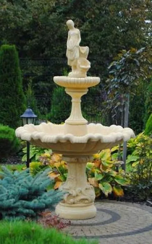 Casa Padrino Barock Springbrunnen Beige Ø 135 x H. 230 cm - Prunkvoller Gartenbrunnen im Barockstil - Runder Gartendeko Stein Brunnen - Barock Garten Deko Accessoires Highlight