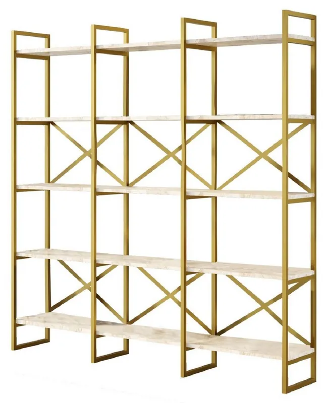 Casa Padrino Luxus Regalschrank mit Marmor Regalen Gold / Weiß 170 x 30 x H. 175 cm - Bücherschrank - Wohnzimmer Schrank - Büro Schrank - Wohnzimmer Möbel - Büro Möbel - Luxus Möbel Super-Preis
