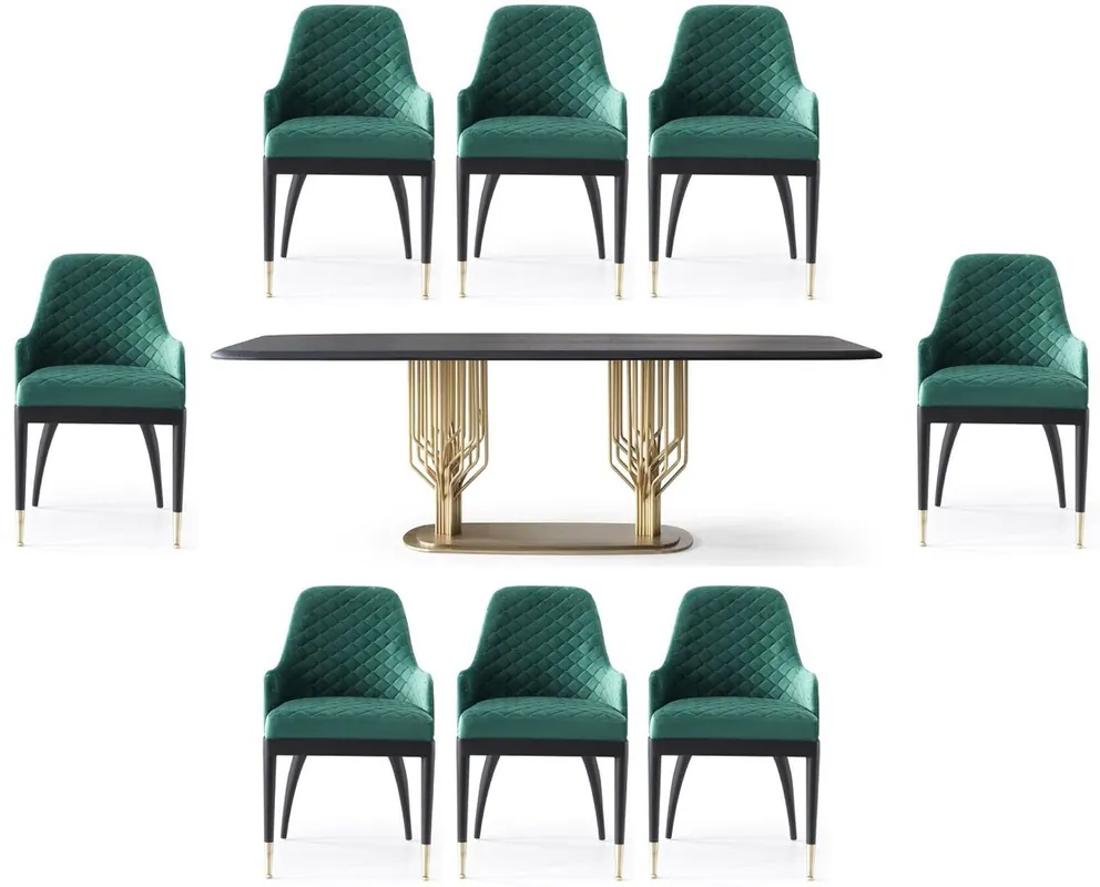Begrenztes Angebot Casa Padrino Luxus Esszimmer Set Grün / Schwarz / Messing - 1 Luxus Esstisch & 8 Luxus Esszimmerstühle - Esszimmer Möbel - Luxus Möbel - Luxus Kollektion