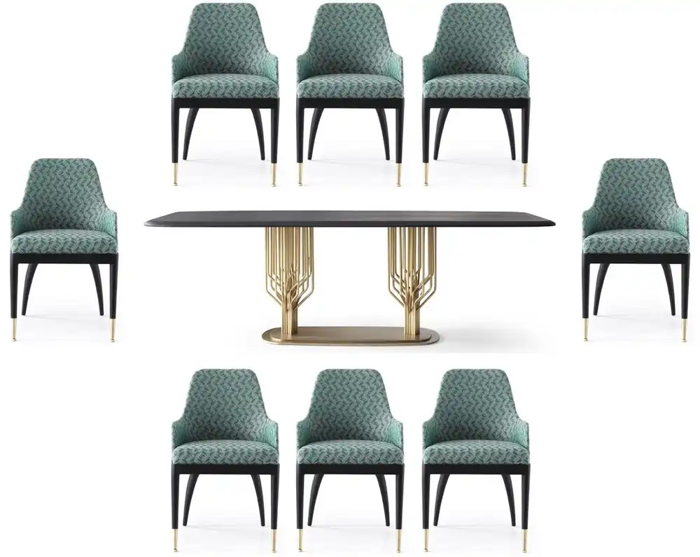 Casa Padrino Luxus Esszimmer Set Grün Muster / Schwarz / Messing - 1 Luxus Esstisch & 8 Luxus Esszimmerstühle - Esszimmer Möbel - Luxus Möbel - Luxus Kollektion Bestseller