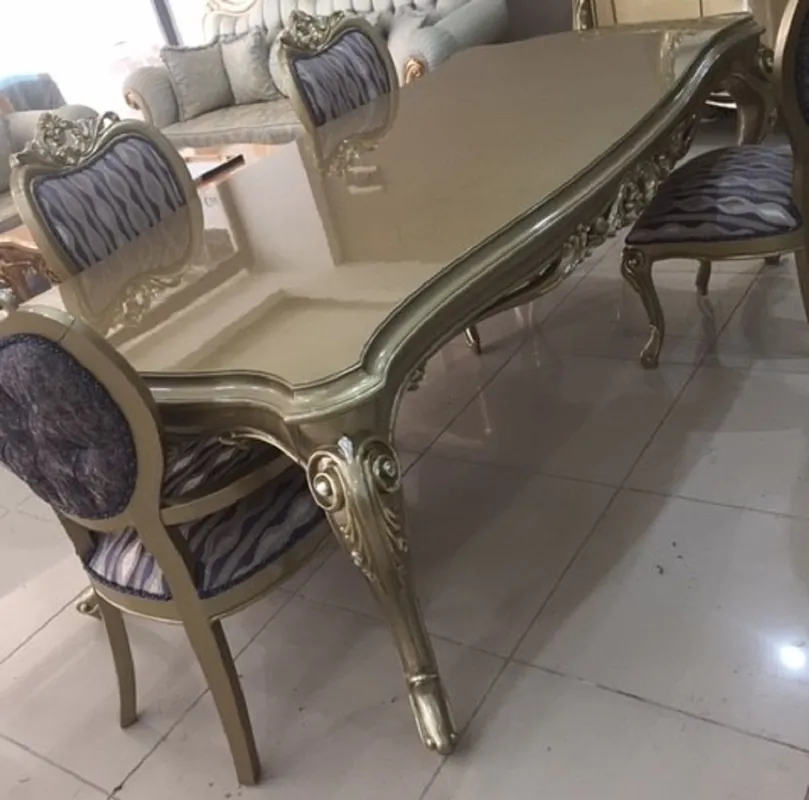 Casa Padrino Luxus Barock Esszimmer Set Blau / Gold / Silber - 1 Barock Esstisch & 6 Barock Esszimmerstühle - Luxus Esszimmer Möbel im Barockstil - Prunkvolle Barock Esszimmer Möbel Neue Kollektion
