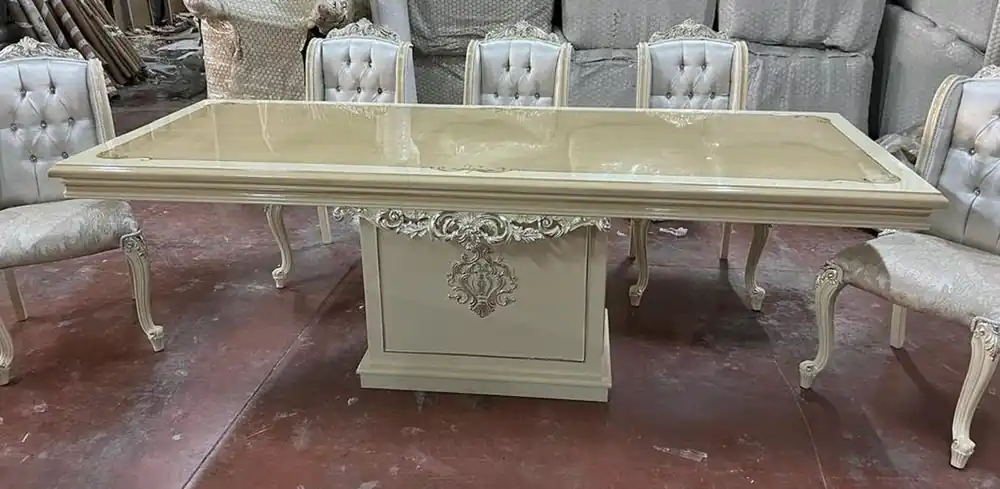 Angebot Casa Padrino Luxus Barock Esszimmer Set Silber / Beige / Weiß - 1 Barock Esstisch & 6 Barock Esszimmerstühle - Luxus Esszimmer Möbel im Barockstil - Prunkvolle Barock Esszimmer Möbel