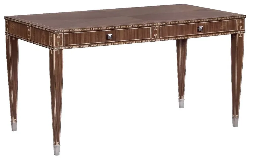 Versand Am Gleichen Tag Casa Padrino Luxus Art Deco Schreibtisch mit 2 Schubladen Braun / Silber 141 x 70 x H. 75 cm - Massivholz Bürotisch - Büro Möbel - Art Deco Möbel - Luxus Möbel
