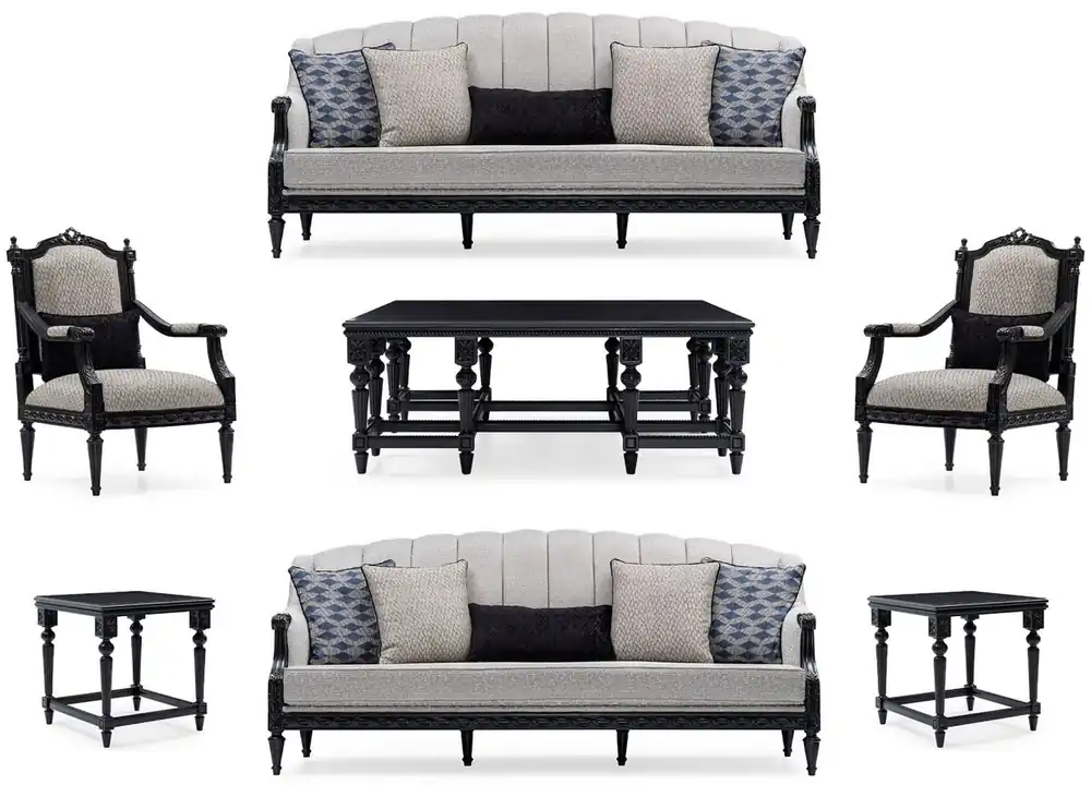 Casa Padrino Luxus Barock Wohnzimmer Set Silber / Schwarz - 2 Sofas & 2 Sessel & 1 Couchtisch & 2 Beistelltische - Handgefertigte Wohnzimmer Möbel im Barockstil - Edel & Prunkvoll Neue Kollektion