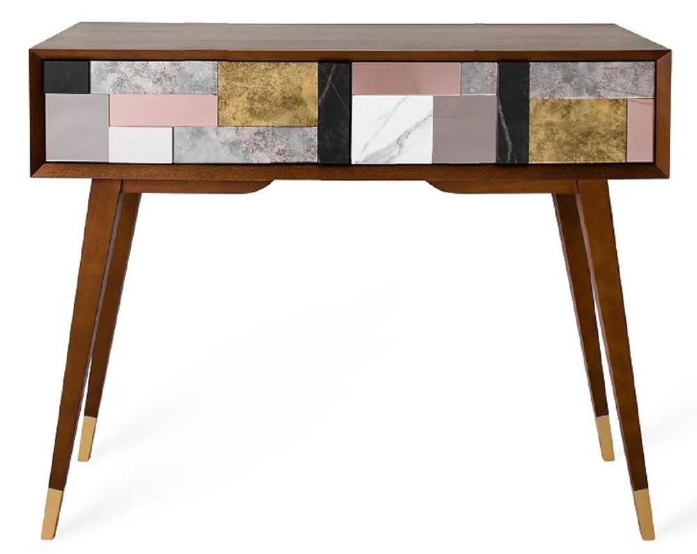 Abverkauf Casa Padrino Luxus Konsole Matt Cognac / Mehrfarbig / Gold 100 x 35 x H. 80 cm - Verspiegelter Massivholz Konsolentisch mit 2 Schubladen - Luxus Möbel - Luxus Einrichtung