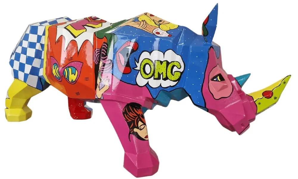 Casa Padrino Luxus Designer XXL Deko Skulptur Nashorn Bunt 180 x H. 80 cm - Riesige Garten XXL Deko Figur - XXL Deko Skulpturen - XXL Deko Figuren - XXL Tierfiguren - XXL Garten Deko Echt