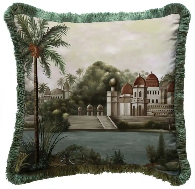Knallerangebot Casa Padrino Luxus Deko Kissen Palast Mehrfarbig / Grün 45 x 45 cm - Bedrucktes Samt Kissen mit Fransen - Luxus Deko Accessoires