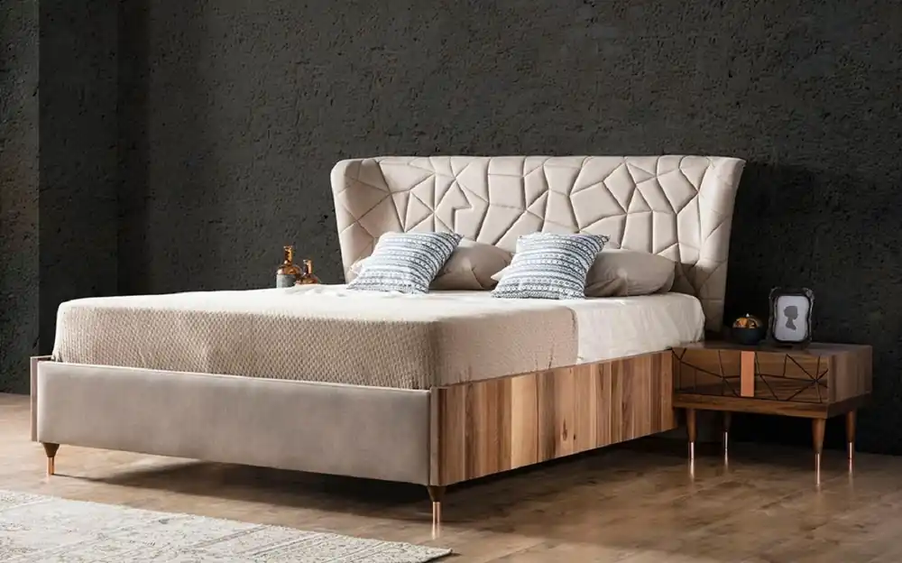 Casa Padrino Luxus Schlafzimmer Set Grau / Braun / Kupfer - 1 Doppelbett mit Kopfteil & 2 Nachtkommoden - Luxus Schlafzimmer Möbel - Luxus Schlafzimmer Einrichtung Preisknaller