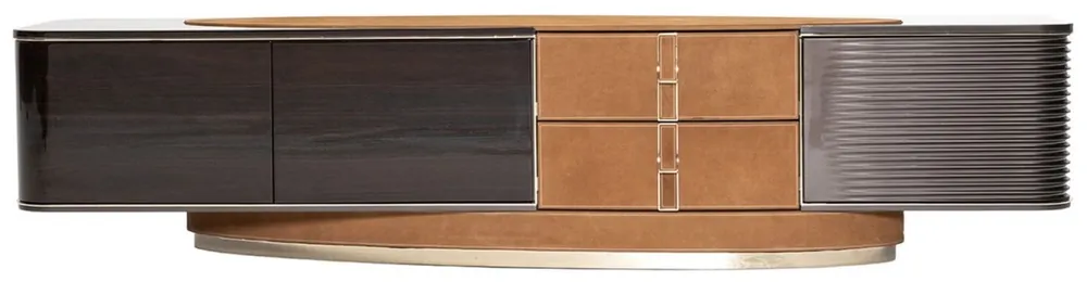 Casa Padrino Luxus TV Schrank Hellbraun / Dunkelbraun / Grau / Gold 249 x 52,5 x H. 56 cm - Massivholz Sideboard mit 3 Türen und 2 Schubladen - Wohnzimmer Möbel - Luxus Möbel - Luxus Einrichtung Jetzt Bestellen