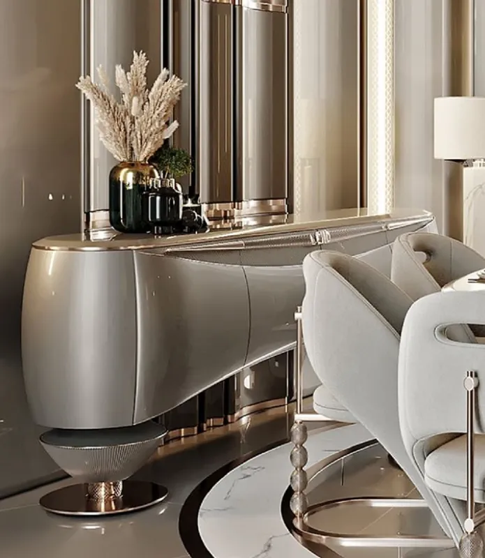 Saisonangebot Casa Padrino Luxus Sideboard Silbergrau / Kupfer 234,1 x 52,2 x H. 85,3 cm - Massivholz Schrank mit 4 Türen - Luxus Möbel - Hotel Möbel - Luxus Einrichtung
