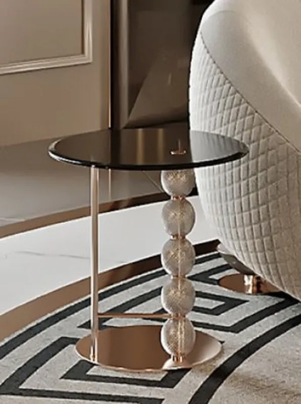 Casa Padrino Luxus Beistelltisch Kupfer / Schwarz Ø 57 x H. 60,5 cm - Runder Metall Tisch mit Glasplatte und dekorativen Glaskugeln - Wohnzimmer Möbel - Hotel Möbel - Luxus Möbel Neu Im Sortiment