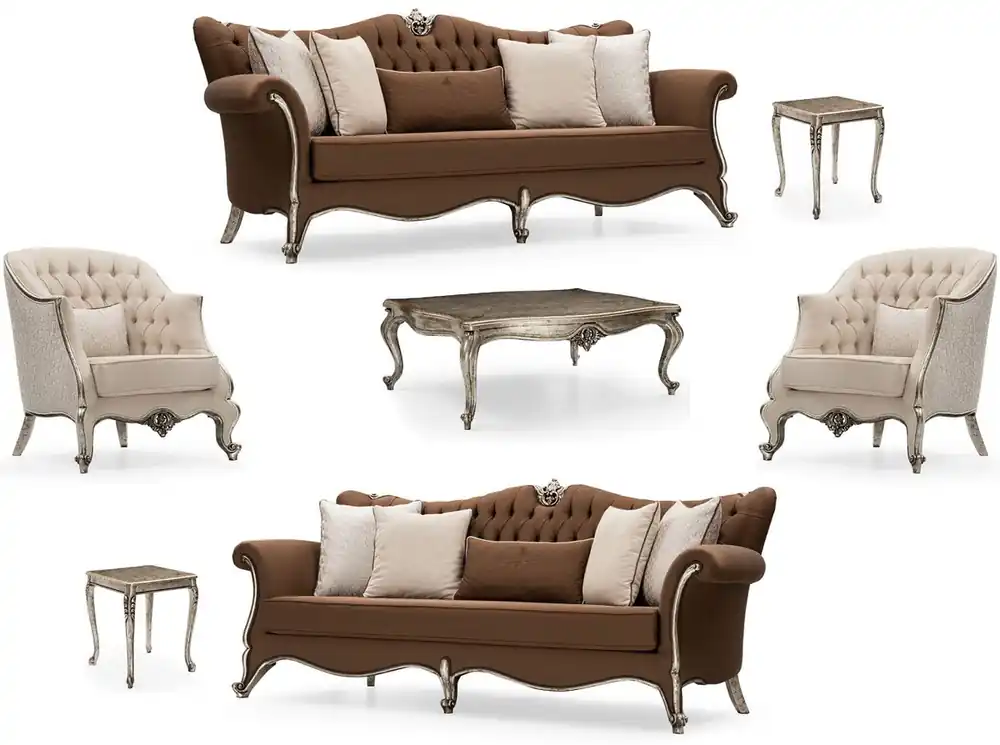 Casa Padrino Luxus Barock Wohnzimmer Set Braun / Creme / Antik Silber - 2 Sofas & 2 Sessel & 1 Couchtisch & 2 Beistelltische - Handgefertigte Wohnzimmer Möbel im Barockstil - Edel & Prunkvoll Letzte Chance