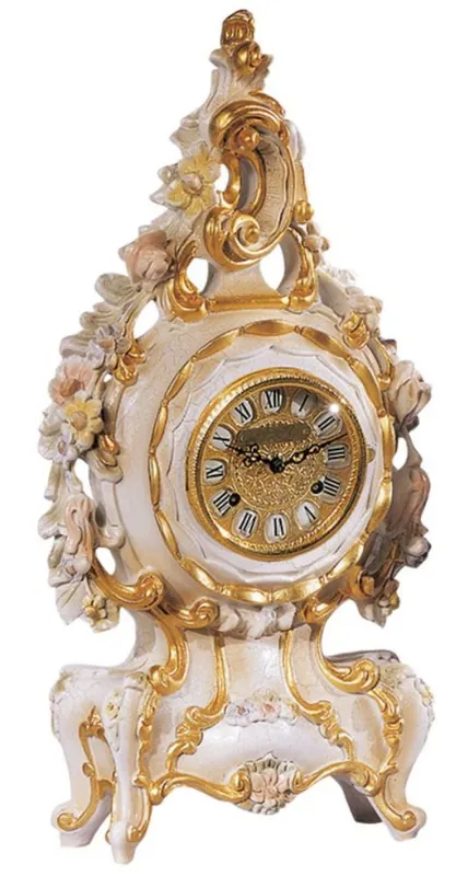 Casa Padrino Luxus Barock Tischuhr Weiß / Creme / Mehrfarbig / Gold - Prunkvolle Barockstil Uhr - Handgeschnitzte Barock Schreibtischuhr - Luxus Qualität - Made in Italy Online Kaufen