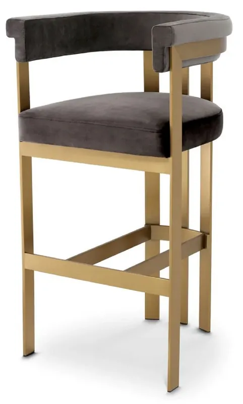 Casa Padrino Luxus Samt Barstuhl mit Armlehnen Grau / Messing 56 x 56 x H. 104 cm - Gepolsterter Barhocker - Bar Möbel - Luxus Möbel - Luxus Qualität Schnäppchen