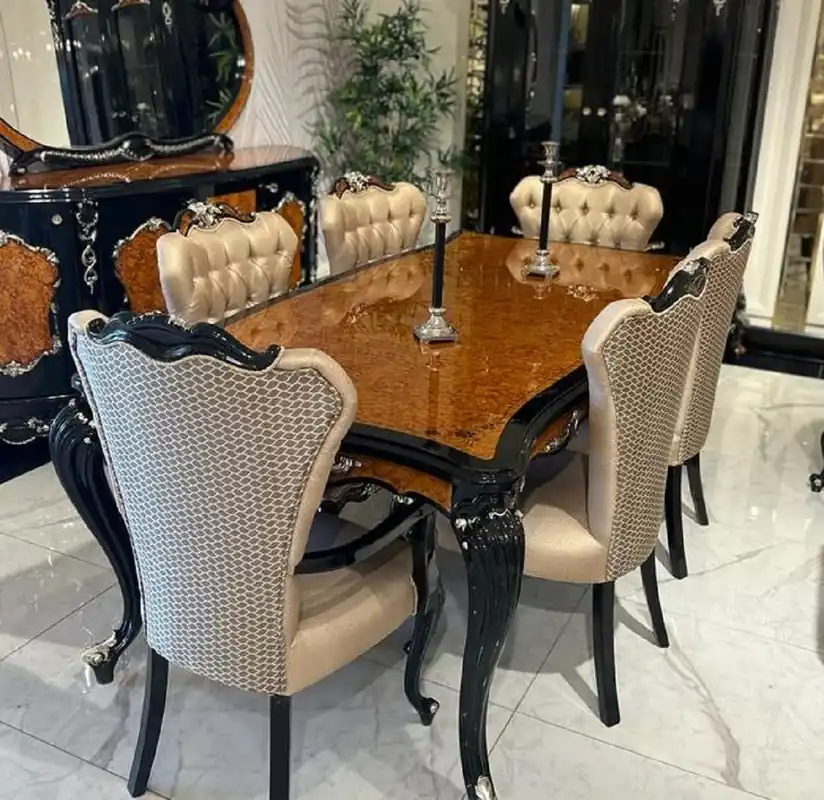 Casa Padrino Luxus Barock Esszimmer Set Gold / Braun / Schwarz / Silber - 1 Barock Esstisch & 6 Barock Esszimmerstühle - Barock Esszimmer Möbel - Edel & Prunkvoll Neue Ware