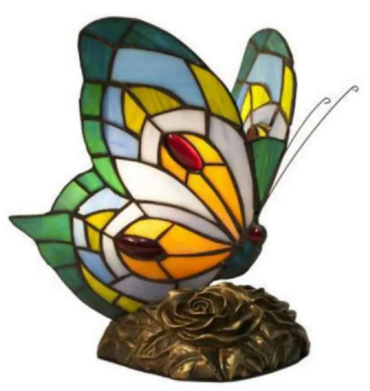 Casa Padrino Luxus Tiffany Tischleuchte Schmetterling Grün / Mehrfarbig 17 x 17 x H. 23 cm - Tiffany Schreibtischleuchte - Luxus Interior - Luxus Art Deco Leuchten - Tiffany Leuchten Zertifiziert