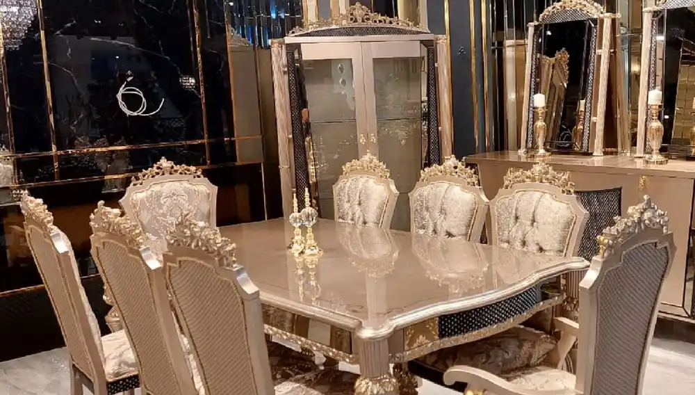Casa Padrino Luxus Barock Esszimmer Set Grau / Schwarz / Gold - 1 Barock Esstisch & 8 Barock Esszimmerstühle - Luxus Esszimmer Möbel im Barockstil - Prunkvolle Barock Esszimmer Möbel Wochenendangebot