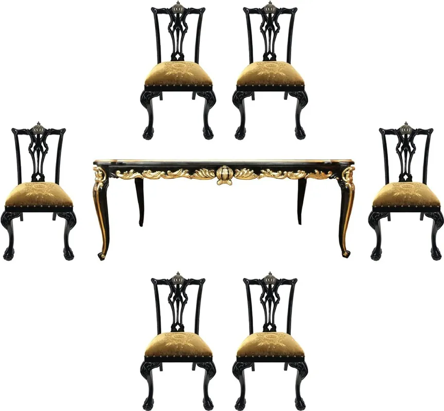 Billig Pompöös by Casa Padrino Barock Luxus Esszimmer Set Gold / Schwarz - Pompööser Barock Esstisch mit Glasplatte und 6 Barock Esszimmerstühle designed by Harald Glööckler - Barock Möbel