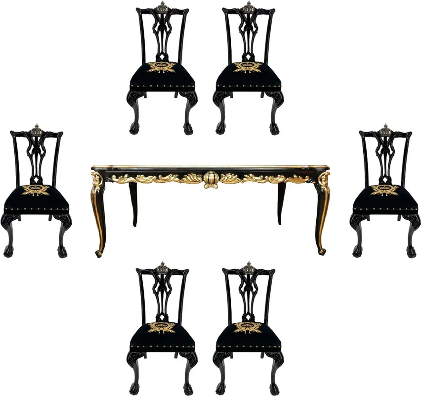Pompöös by Casa Padrino Barock Luxus Esszimmer Set Schwarz / Gold - Pompööser Barock Esstisch mit Glasplatte und 6 Barock Esszimmerstühle designed by Harald Glööckler - Barock Möbel Schneller Versand