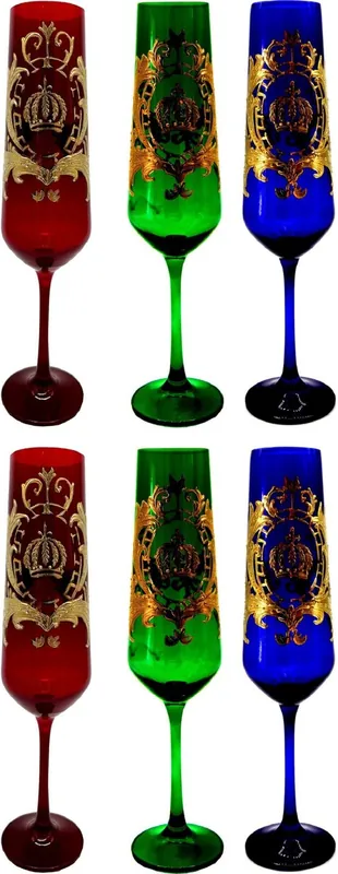 Pompöös by Casa Padrino Luxus Champagnerglas Set Bordeauxrot / Dunkelgrün / Royalblau Ø 6 x H. 25 cm - Champagnergläser mit 24 Karat Vergoldung - Pompööse Gläser designed by Harald Glööckler Bestpreis