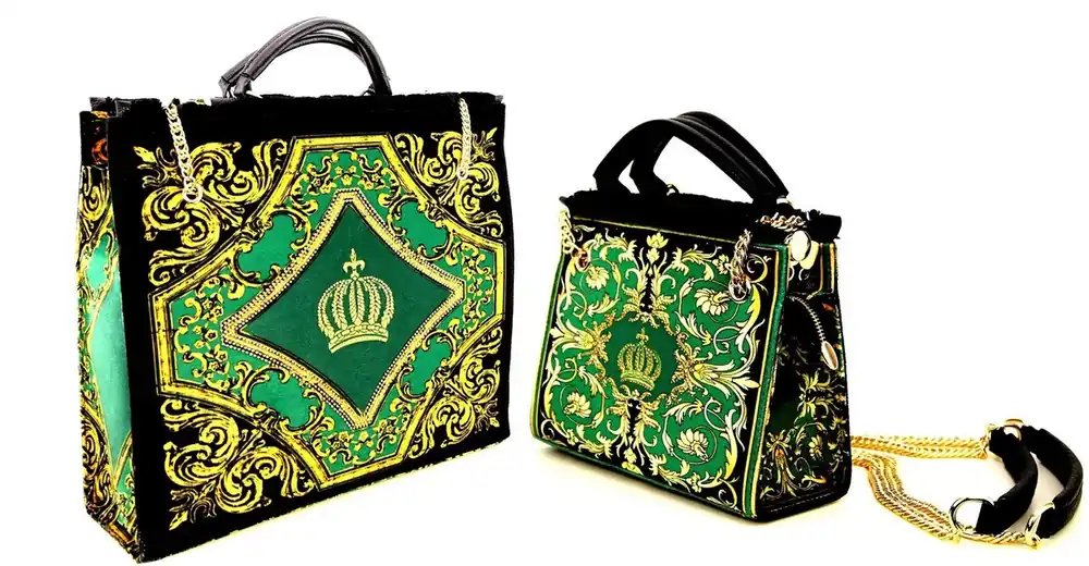 Pompöös by Casa Padrino Luxus Damen Handtaschen Set Baroque Flowers mit Krone und Strass Steine Grün / Schwarz / Gold - Pompööse Damen Handtaschen designed by Harald Glööckler Beliebt