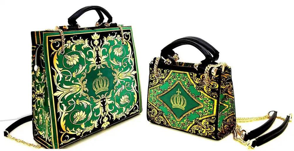 Pompöös by Casa Padrino Damen Luxus Handtaschen Set Baroque Flowers mit Krone und Strass Steine Grün / Schwarz / Gold - Pompööse Damen Handtaschen designed by Harald Glööckler Super-Preis