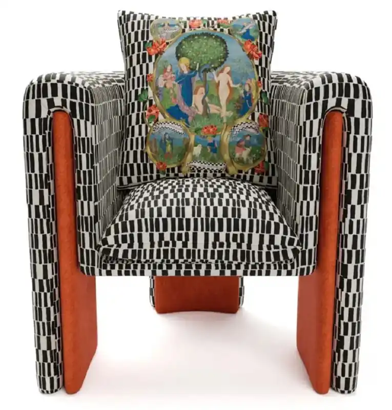 Casa Padrino Luxus Designer Samt Sessel mit Kissen Schwarz / Weiß / Orange 80 x 68 x H. 99 cm - Wohnzimmer Sessel - Hotel Sessel - Wohnzimmer Möbel - Hotel Möbel - Luxus Möbel - Designer Möbel Neue Kollektion