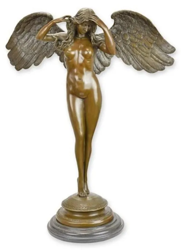 Casa Padrino Luxus Jugendstil Deko Skulptur Engel Bronze / Schwarz 48,7 x 22 x H. 60,7 cm - Bronze Figur mit Marmorsockel - Barock & Jugendstil Bronze Skulpturen Angebot