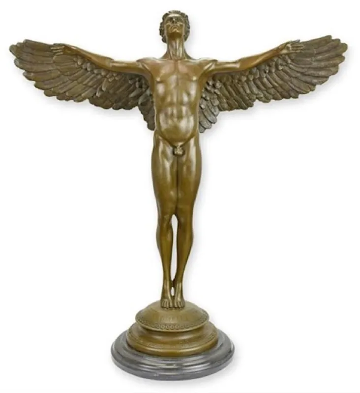 Casa Padrino Luxus Jugendstil Deko Skulptur Engel Bronze / Schwarz 56,7 x 22 x H. 60,6 cm - Bronze Figur mit Marmorsockel - Barock & Jugendstil Bronze Skulpturen Neu