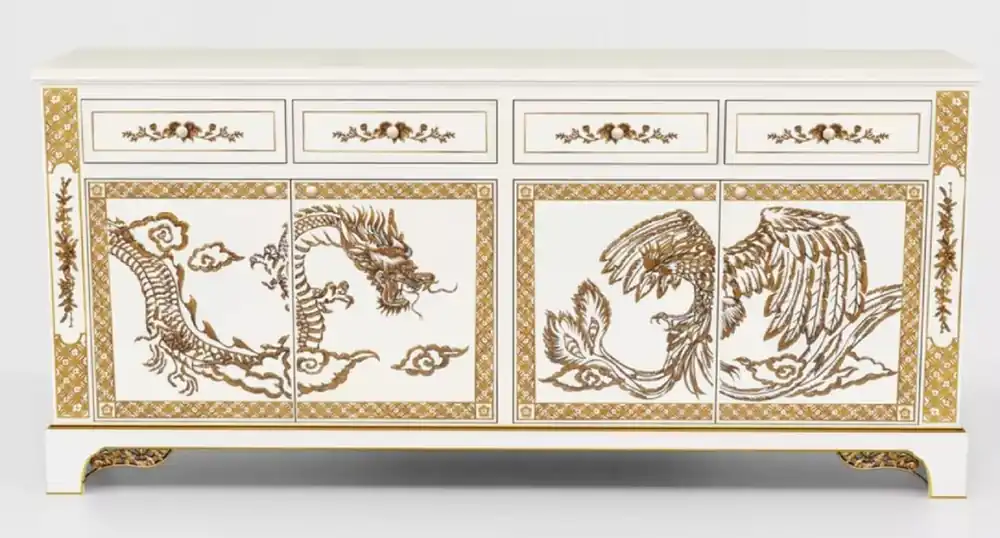 Casa Padrino Luxus Barock Sideboard im chinesischen Stil Weiß / Gold - Barockstil Massivholz Schrank mit 4 Schubladen & 4 Türen - Luxus Esszimmer Möbel im Barockstil - Barock Esszimmer Möbel Sonderaktion