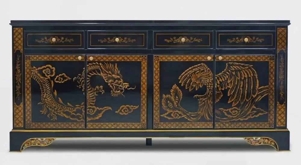 Casa Padrino Luxus Barock Sideboard im chinesischen Stil Schwarz / Gold - Barockstil Massivholz Schrank mit 4 Schubladen & 4 Türen - Luxus Esszimmer Möbel im Barockstil - Barock Esszimmer Möbel Mega-Angebot