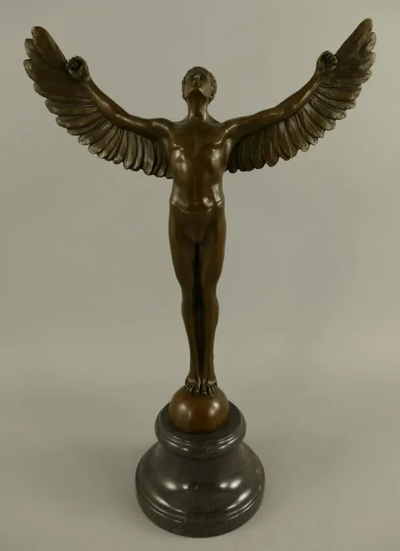 Casa Padrino Luxus Jugendstil Deko Skulptur Icarus Bronze / Schwarz 27 x 12 x H. 40 cm - Bronze Figur mit Marmorsockel - Barock & Jugendstil Bronze Skulpturen Letzte Chance