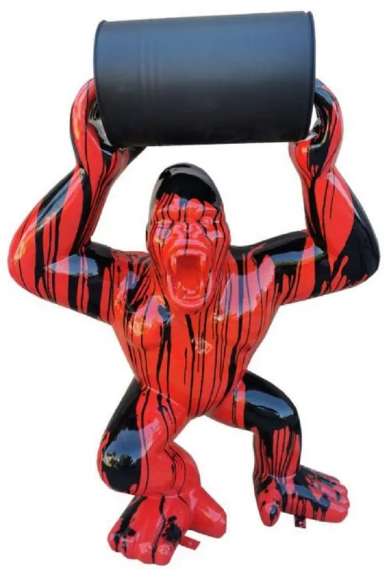 Casa Padrino Luxus Deko Skulptur Gorilla Affe mit Fass Rot / Schwarz H. 250 cm - Große Deko Figur Neu