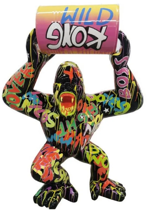 Super-Preis Casa Padrino Luxus Deko Skulptur Gorilla Affe mit Fass Schwarz / Bunt H. 250 cm - Große Deko Figur - XXL Deko Skulptur - XXL Deko Figur - Wohnzimmer Deko - Garten Deko - Luxus Figuren