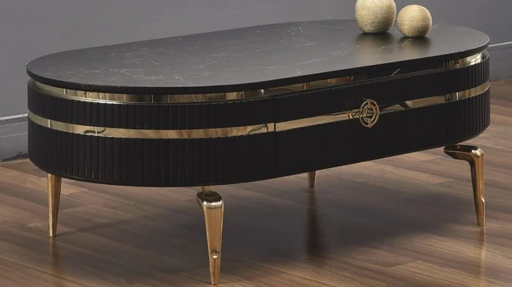 Ausverkauf Casa Padrino Luxus Art Deco Couchtisch Schwarz / Gold 120 x 67 x H. 42 cm - Ovaler Wohnzimmertisch mit Schublade und Kunstmarmor Tischplatte - Wohnzimmer Möbel - Art Deco Möbel - Luxus Möbel