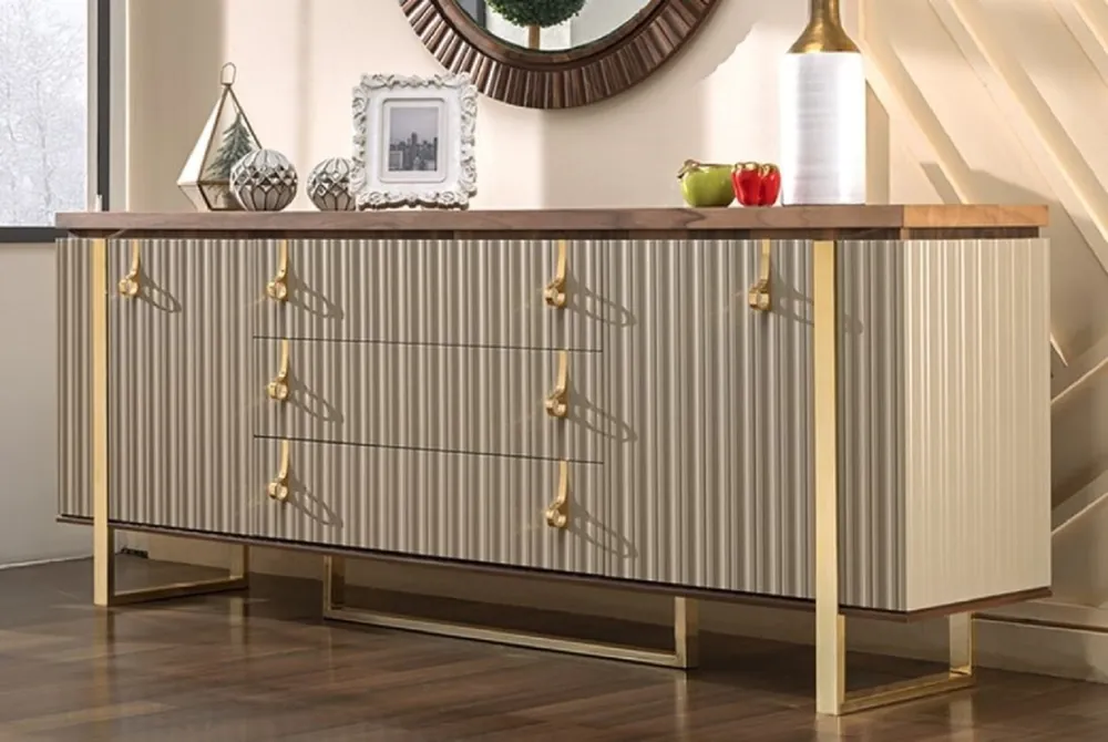 Casa Padrino Luxus Art Deco Sideboard Grau / Braun / Gold 200 x 42 x H. 80 cm - Edler Massivholz Schrank mit 2 Türen und 3 Schubladen - Art Deco Möbel - Luxus Möbel Finale Aktion