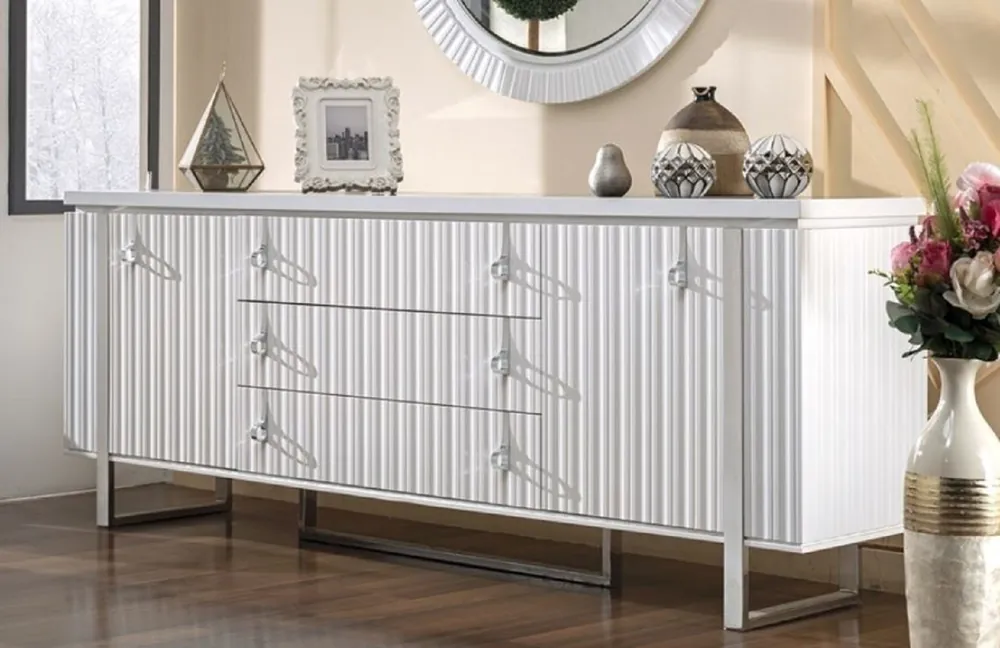 Jetzt Kaufen Casa Padrino Luxus Art Deco Sideboard Weiß / Silber 200 x 42 x H. 80 cm - Edler Massivholz Schrank mit 2 Türen und 3 Schubladen - Art Deco Möbel - Luxus Möbel