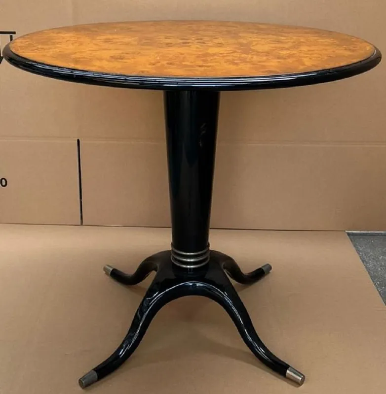 Casa Padrino Luxus Esstisch Vogelaugenahorn Braun / Schwarz / Silber Ø 79 x H. 71 cm - Runder Massivholz Esszimmertisch - Esszimmer Möbel - Luxus Möbel Top-Angebot