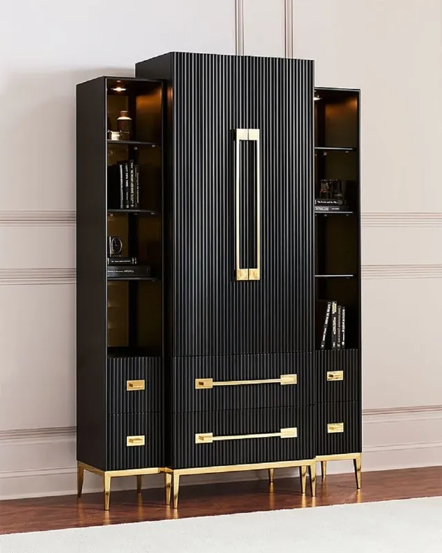Casa Padrino Luxus Vitrine mit LED Beleuchtung Schwarz / Gold 124 x 57 x H. 177 cm - Beleuchteter Massivholz Vitrinenschrank mit 2 Türen und 6 Schubladen - Wohnzimmer Möbel - Luxus Möbel Preiswert