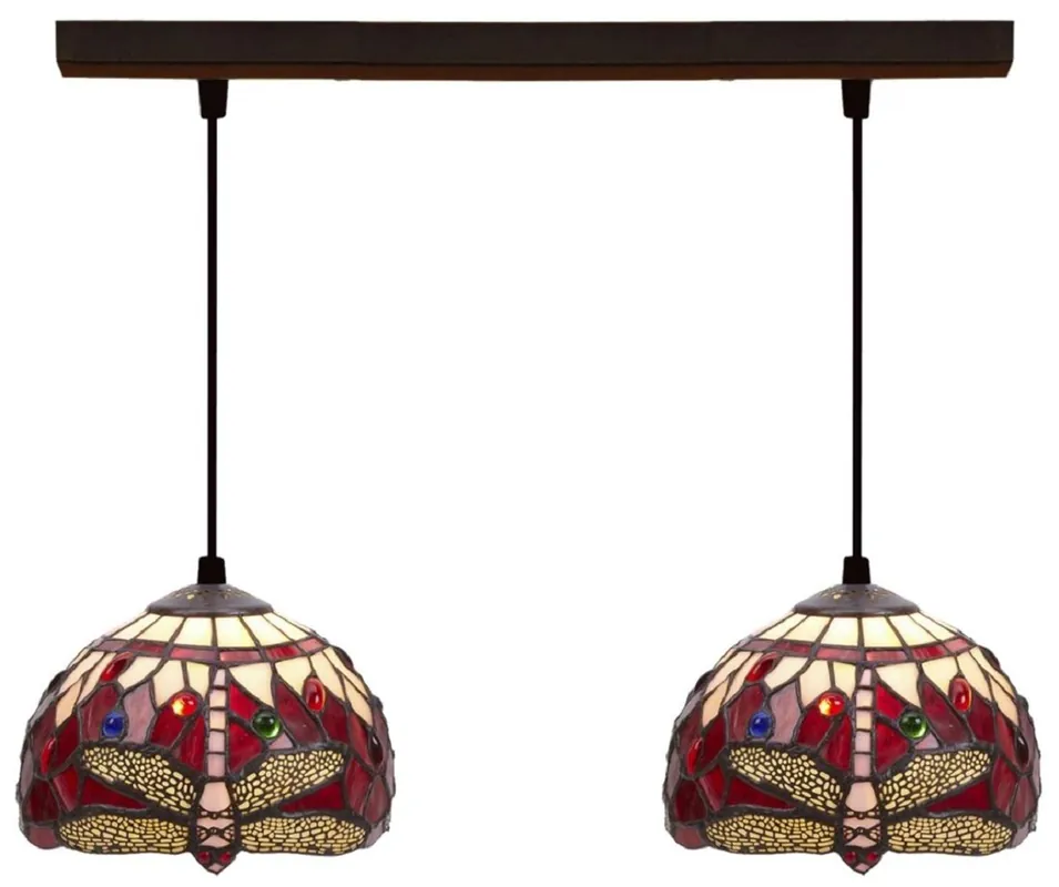 Casa Padrino Luxus Tiffany Doppel Hängeleuchte Libelle Mehrfarbig 50 x 20 x H. 130 cm - Tiffany Hängelampe mit handgefertigten Glas Lampenschirmen - Luxus Tiffany Leuchten Meistverkauft