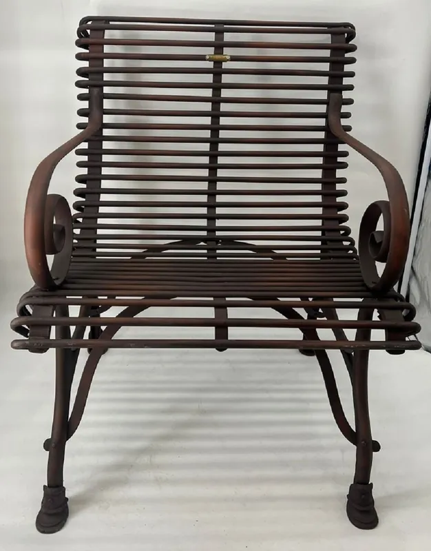 Abverkauf Casa Padrino Jugendstil Garten Stuhl Braun 64 x 62 x H. 71 cm - Schmiedeeisen Stuhl mit Armlehnen - Nostalgische Schmiedeeisen Garten Möbel