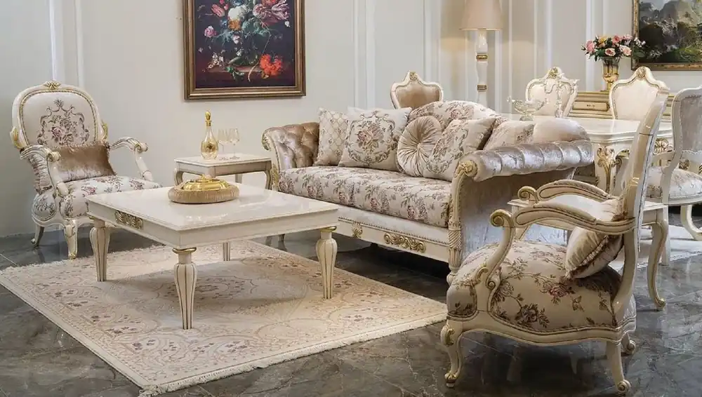 Casa Padrino Luxus Barock Wohnzimmer Set Creme / Rosa / Weiß / Gold - 2 Sofas & 2 Sessel & 1 Couchtisch - Handgefertigte Wohnzimmer Möbel im Barockstil - Edel & Prunkvoll Neu Im Sortiment