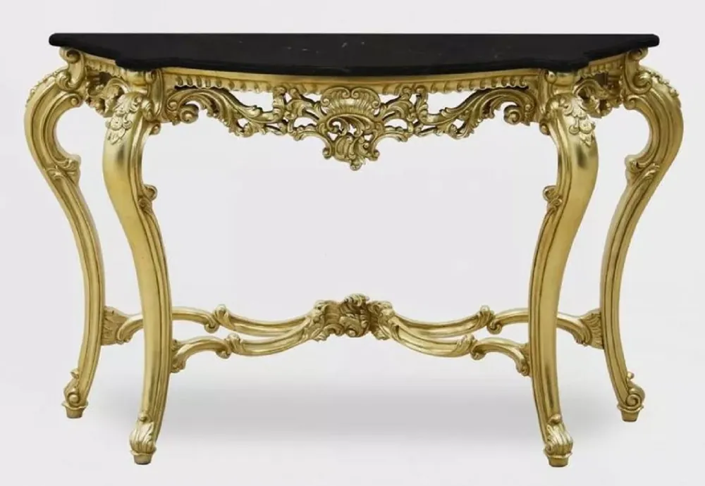 Echt Casa Padrino Luxus Barock Konsole Gold / Schwarz - Handgefertigter Massivholz Konsolentisch mit Marmorplatte - Luxus Wohnzimmer Möbel im Barockstil - Barock Möbel - Barock Einrichtung