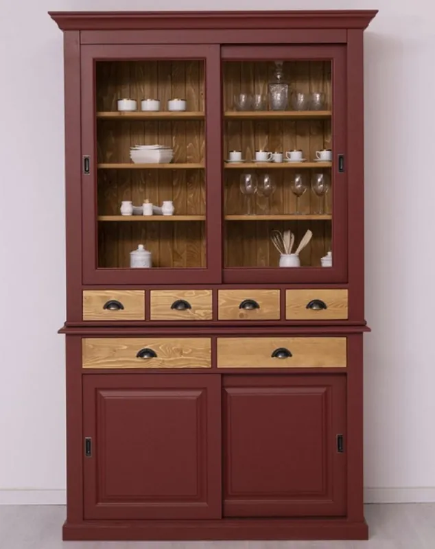 Highlight Casa Padrino Landhausstil Esszimmerschrank Bordeauxrot / Naturfarben 142 x 48 x H. 225 cm - Massivholz Küchenschrank - Landhausstil Esszimmer Möbel