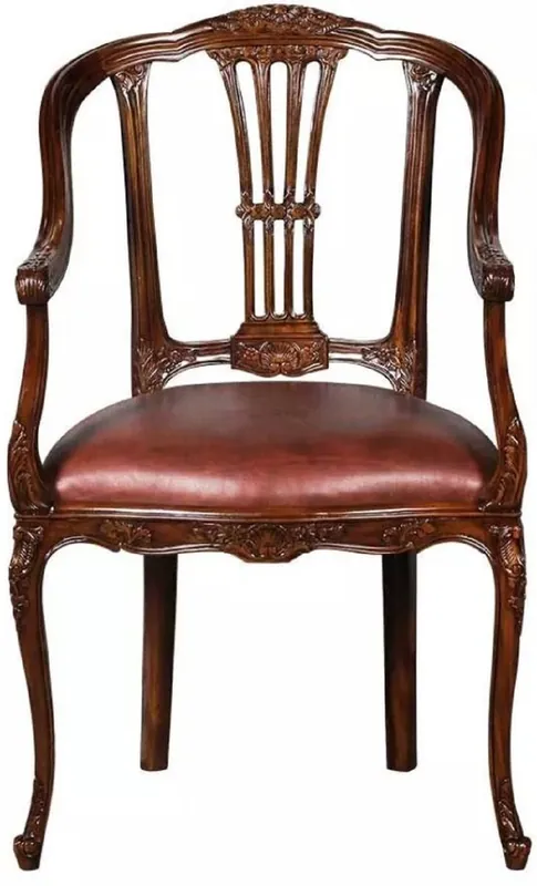 Casa Padrino Luxus Barock Leder Esszimmer Stuhl mit Armlehnen Braun - Prunkvoller Massivholz Küchenstuhl mit edlem Echtleder - Esszimmer Möbel - Leder Möbel - Barock Möbel - Barock Interior Markenprodukt