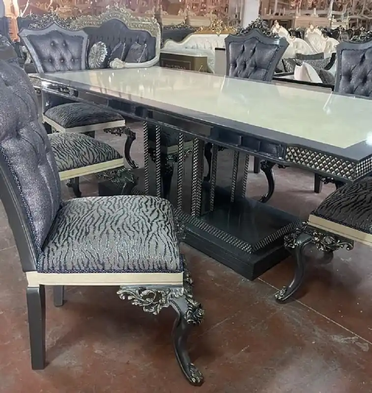 Casa Padrino Luxus Barock Esszimmer Set Creme / Blau / Grau - 1 Barock Esstisch & 6 Barock Esszimmerstühle - Luxus Esszimmer Möbel im Barockstil - Prunkvolle Barock Esszimmer Möbel Neu