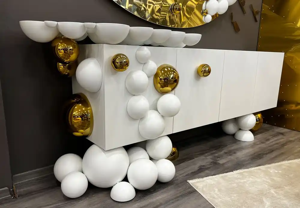 Casa Padrino Luxus Designer Sideboard Weiß / Gold 255 x 52 x H. 100 cm - Massivholz Schrank mit 4 Türen - Luxus Möbel - Hotel Möbel - Designer Möbel Highlight