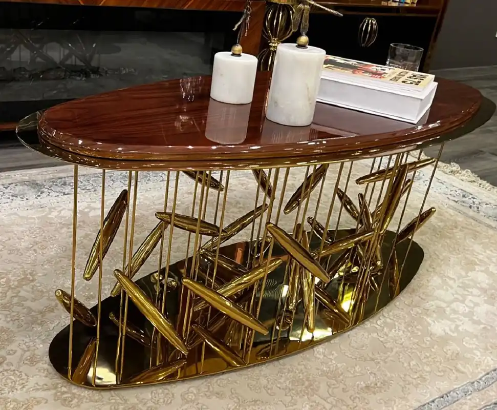Highlight Casa Padrino Luxus Couchtisch Braun / Gold 120 x 51 x H. 47 cm - Ovaler Edelstahl Wohnzimmertisch mit Massivholz Tischplatte - Wohnzimmer Möbel - Hotel Möbel - Luxus Möbel